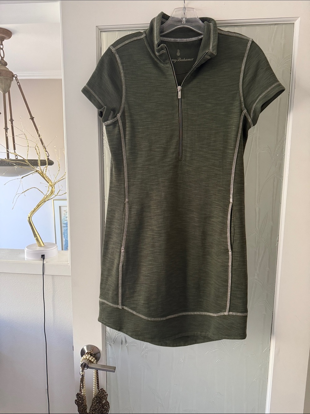 Tommy Bahama Olive Zip-Front Short Sleeve Polo Dress